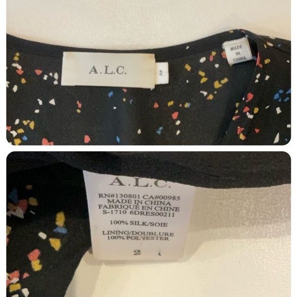 A.L.C. Samantha Deep-V Long-Sleeve Silk Midi Dress Black Speckled Print Size 2 - Picture 15 of 16